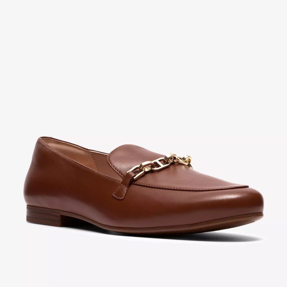 Clarks Brown loafer with gold chain detail on a white background