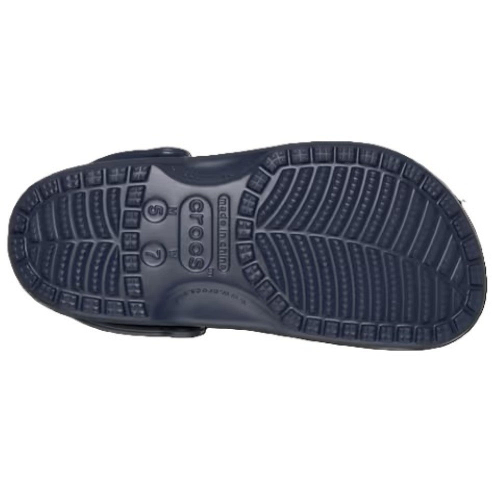 Navy blue Crocs sandal on a white background