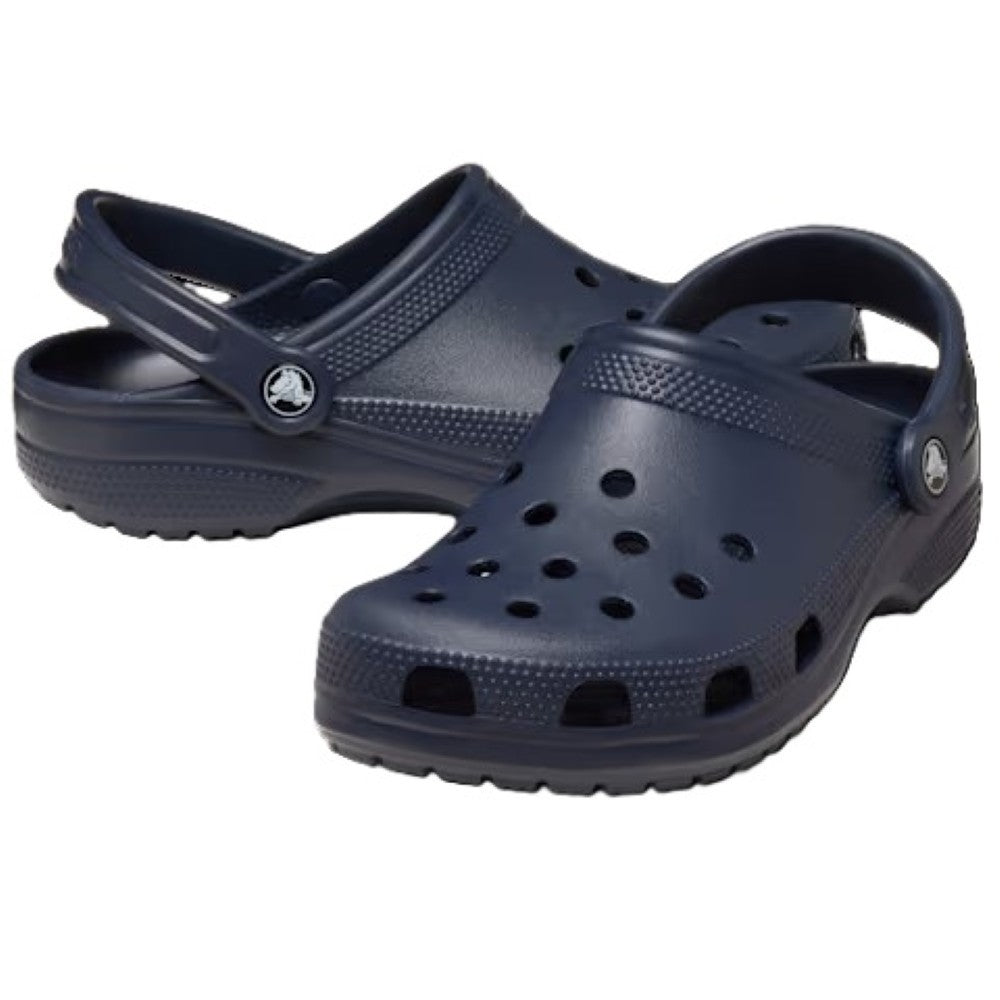 Navy blue Crocs sandals on a white background