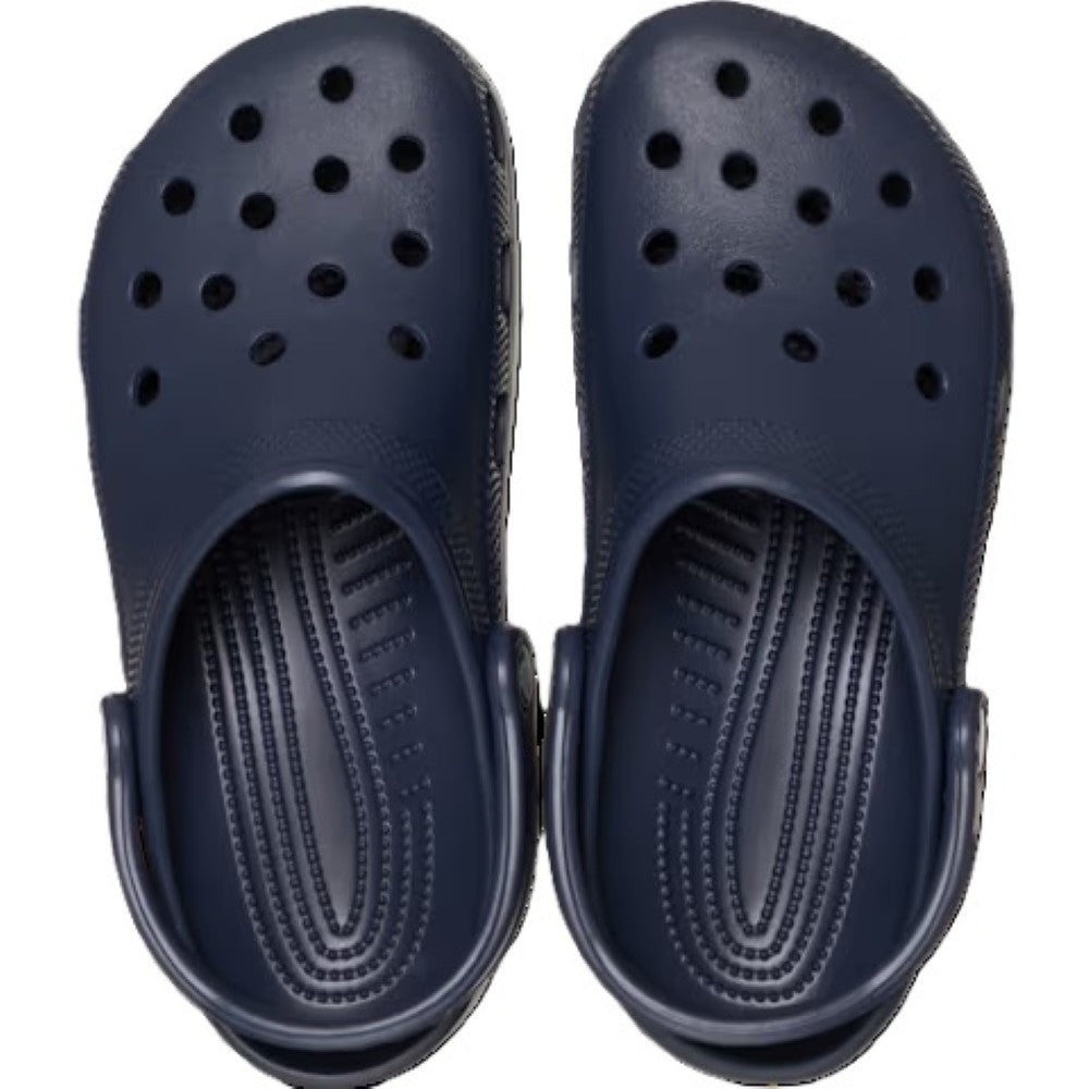 Navy blue Crocs sandals on a white background