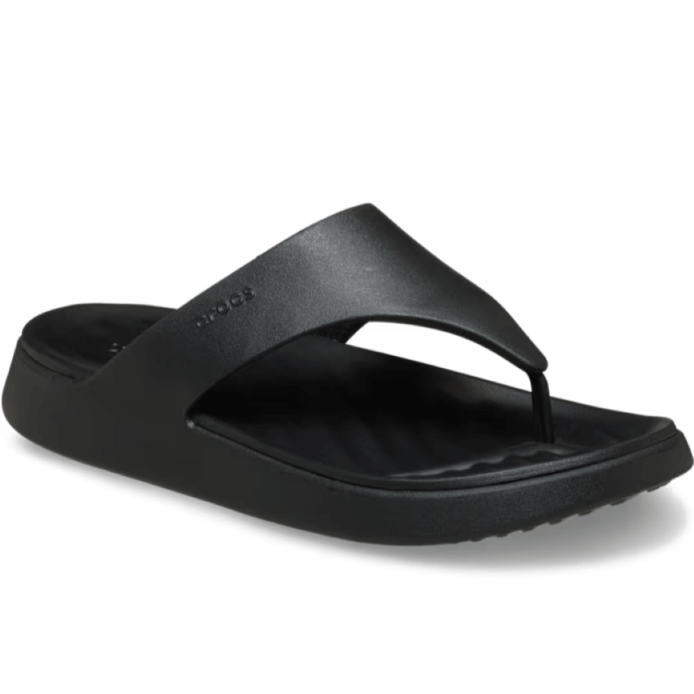 Black sandal with 'Crocs' branding on a white background