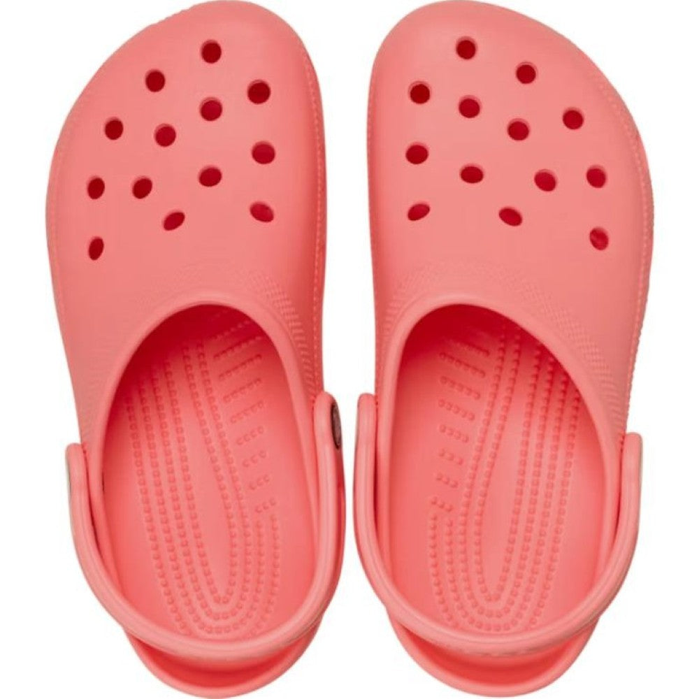 Pair of Crocs Classic guava pink on a white background