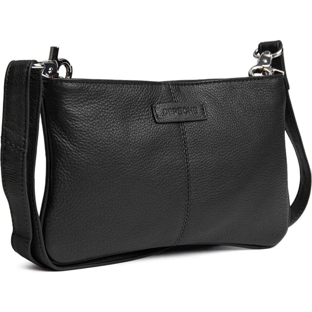 A black pebbled leather shoulder bag with a top flap, a front stitched pocket, and silver-tone hardware, shown on a plain white background.