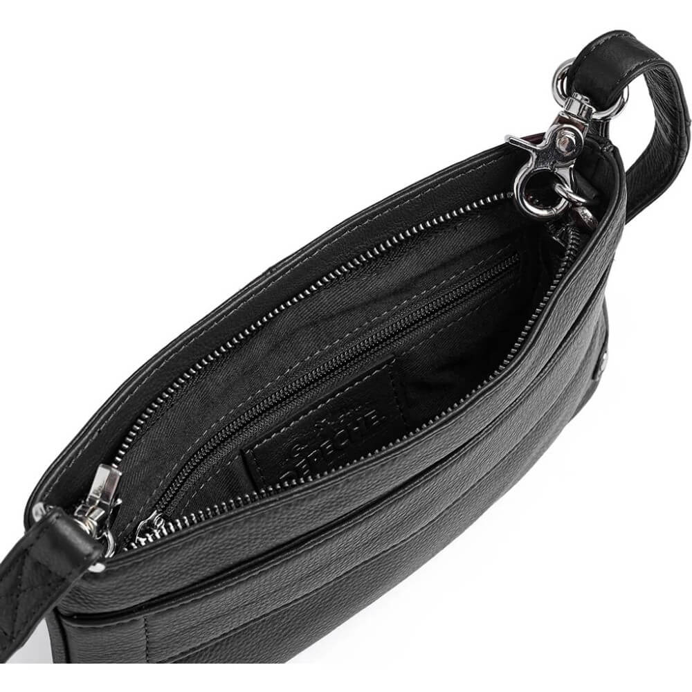 A close-up of a black leather clutch or wristlet bag shown open, displaying its interior zippered pocket and silver-tone hardware on a white background.