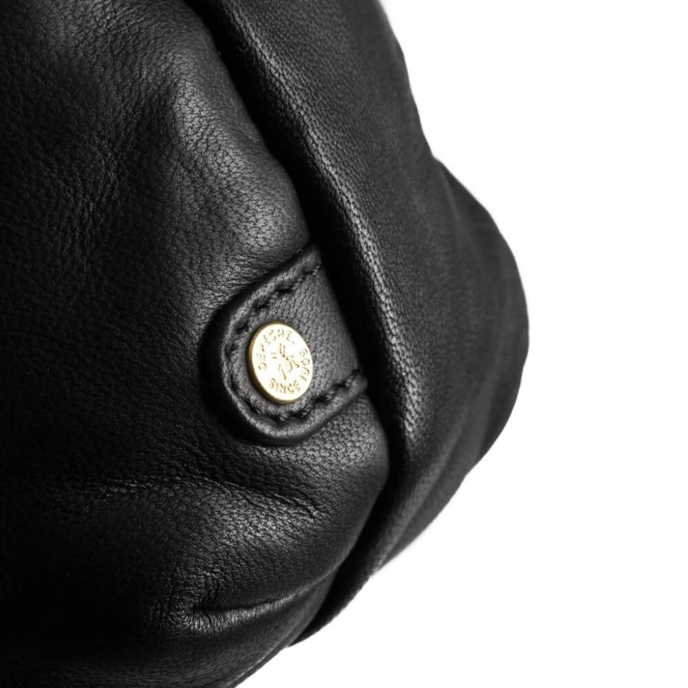Close-up of a black leather product with a gold button on a white background