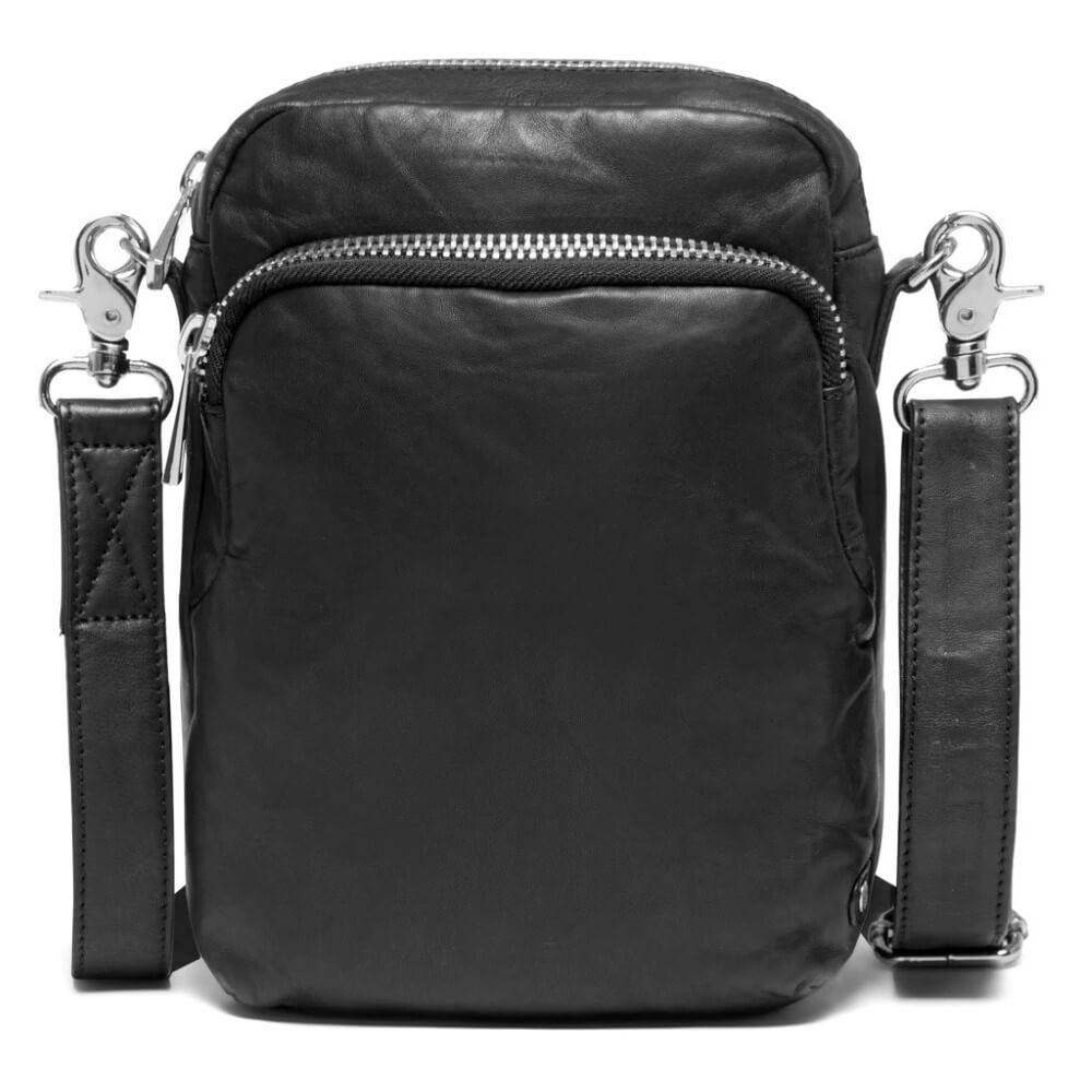 Depeche Black leather crossbody bag with gold zippers on a white background