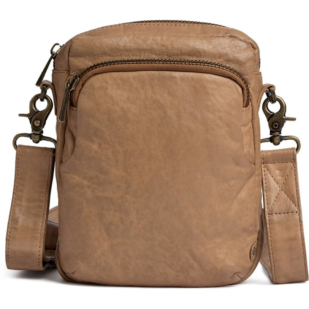 Depeche Brown leather crossbody bag on a white background
