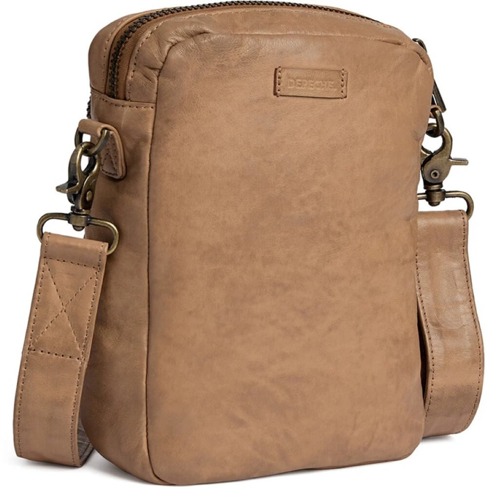Depeche Brown leather crossbody bag on a white background