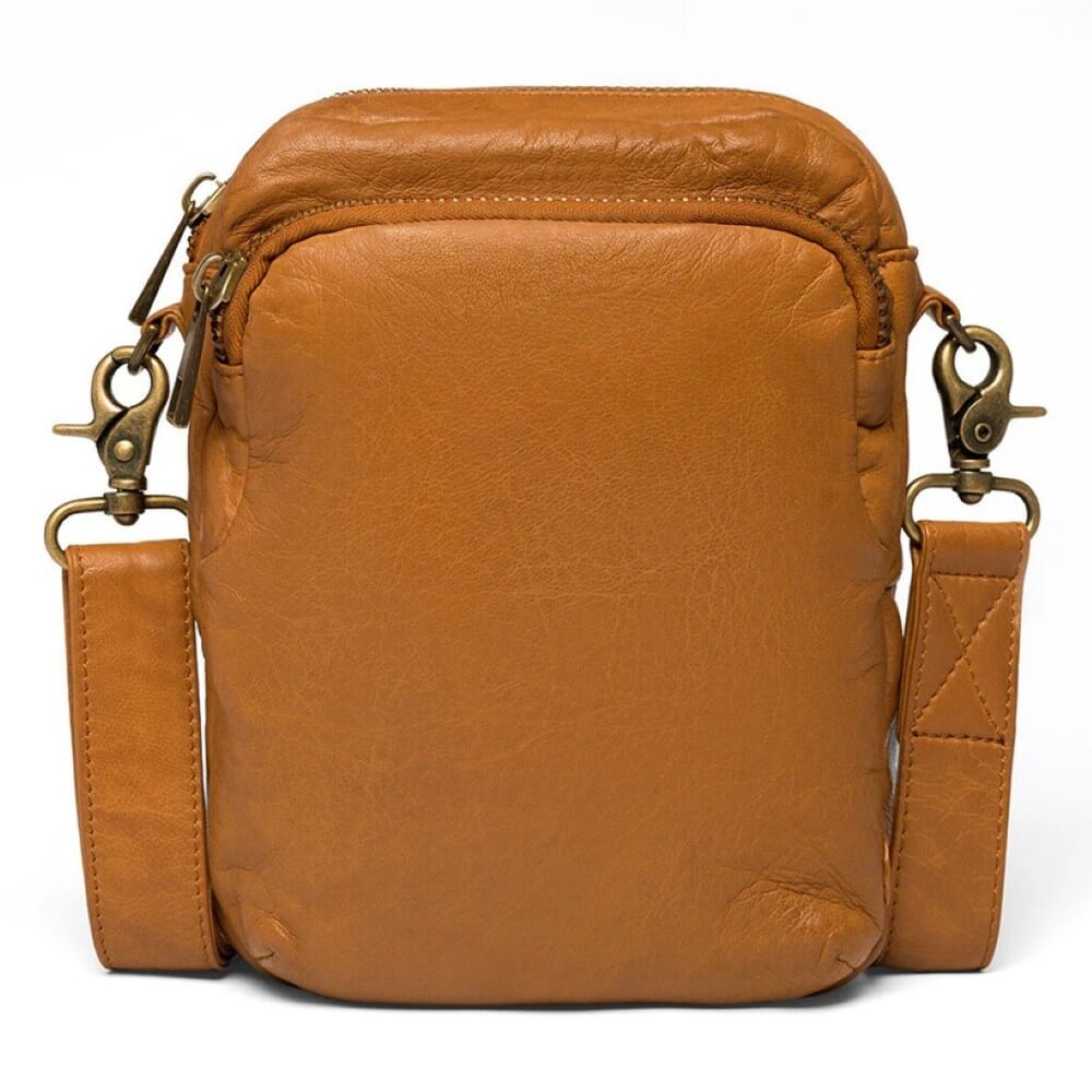 Depeche Brown leather crossbody bag with gold hardware on a white background