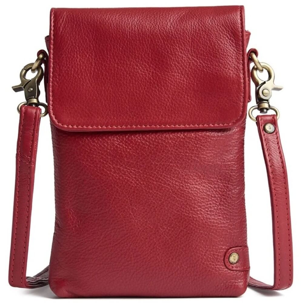 A Depeche red pebbled leather crossbody bag with a flap closure, adjustable shoulder strap, and antique brass hardware, shown against a plain white background.