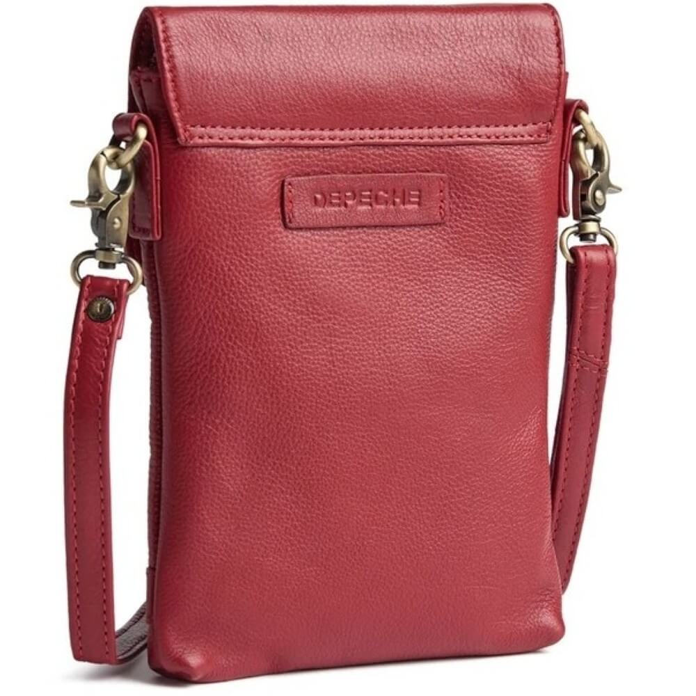 A red pebbled leather crossbody phone bag with a front flap pocket, a small embossed 'DEPECHE' brand plaque, and gold-tone hardware, shown on a plain white background.