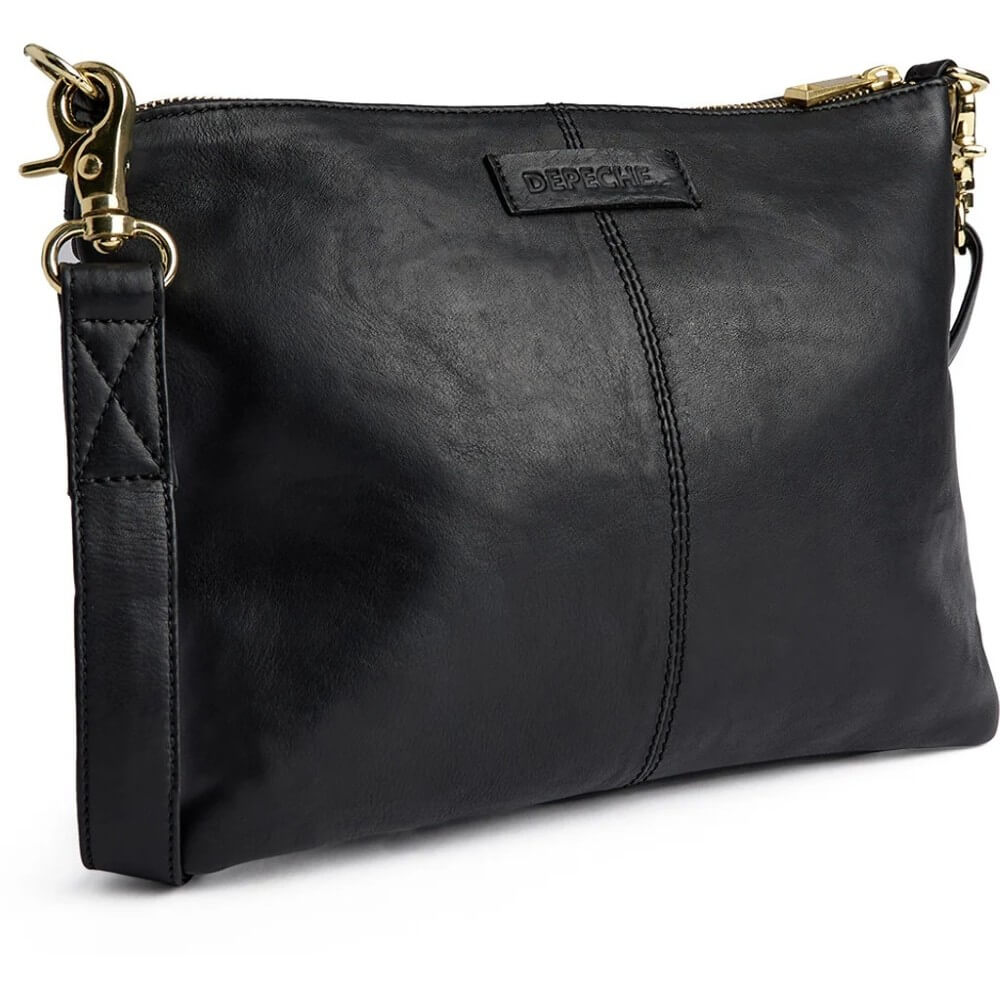 Black leather clutch bag with gold-tone hardware, a top zipper closure, and a small embossed Depeche brand patch on the front, shown on a white background.