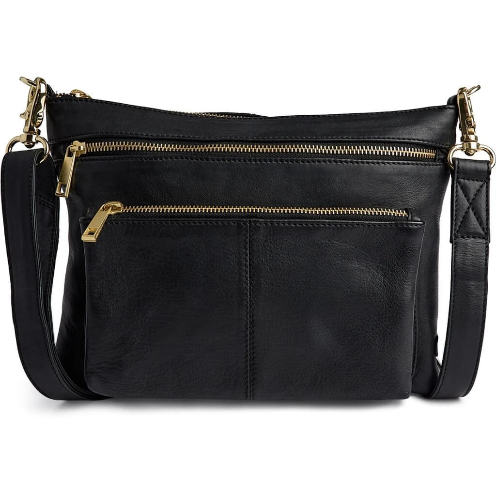 Depeche Black leather crossbody bag with gold-tone hardware, featuring multiple zippered compartments and a detachable shoulder strap, shown against a plain white background.