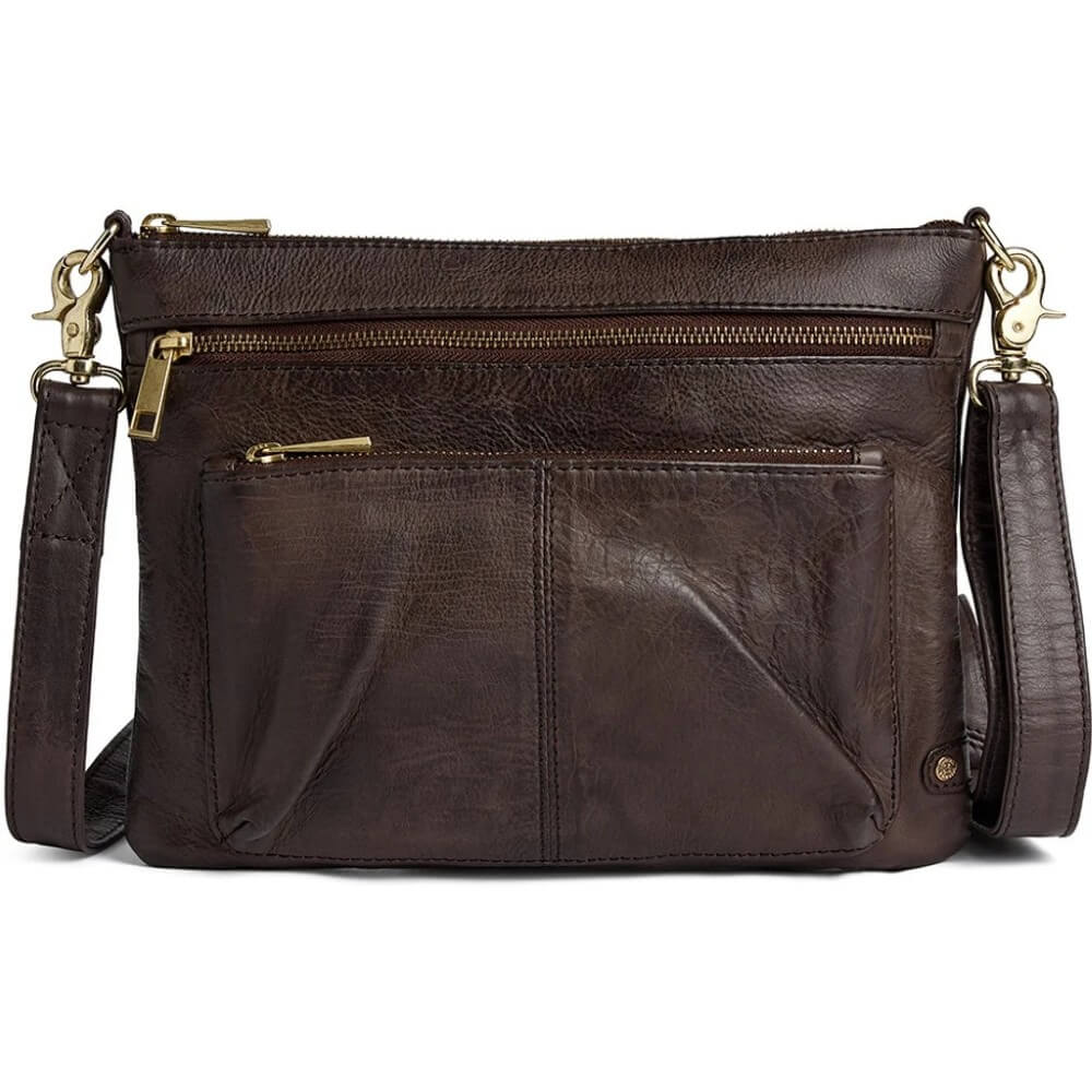 Depeche Brown leather handbag with gold zippers on a white background