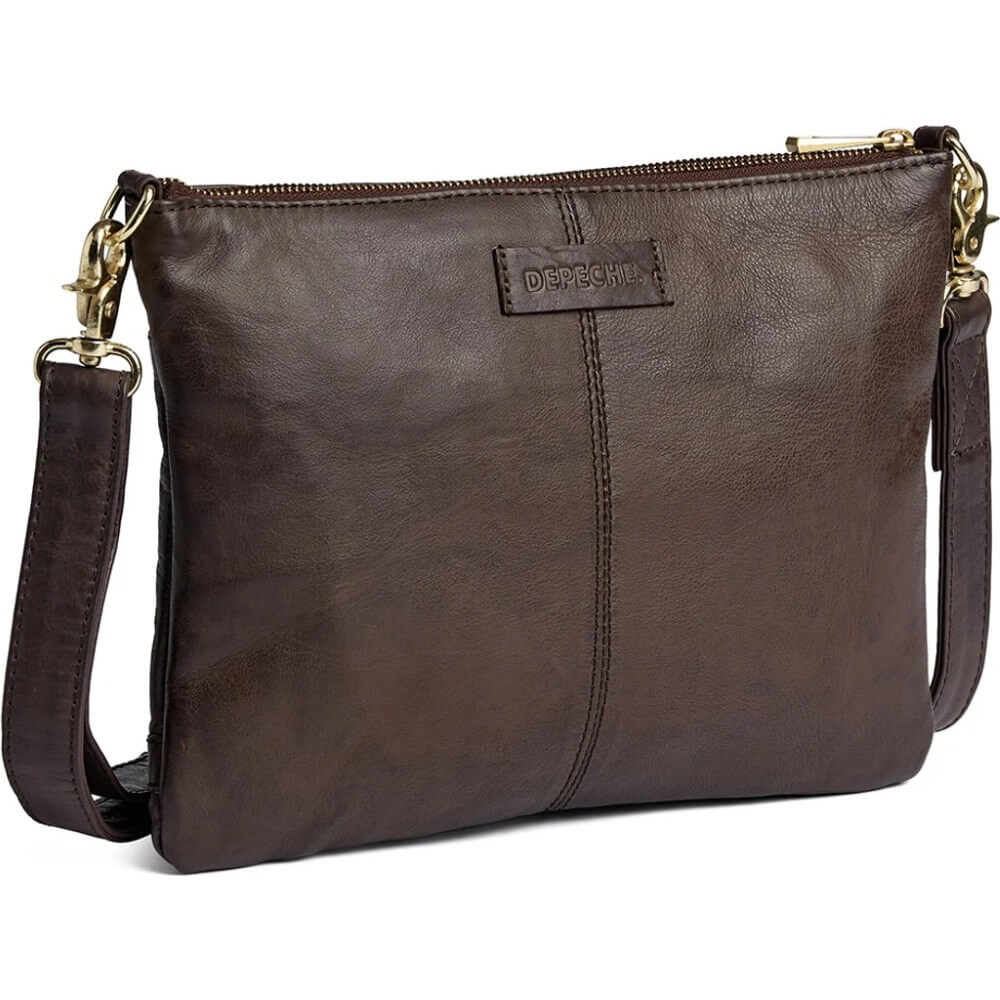 A Depeche dark brown leather crossbody clutch bag with gold-tone hardware, featuring a top zipper, a vertical center seam, and a small embossed brand patch on the front.
