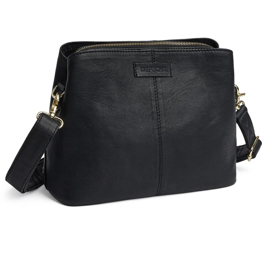 Depeche Black leather crossbody handbag with gold-tone hardware and a top zipper, shown on a plain white background.