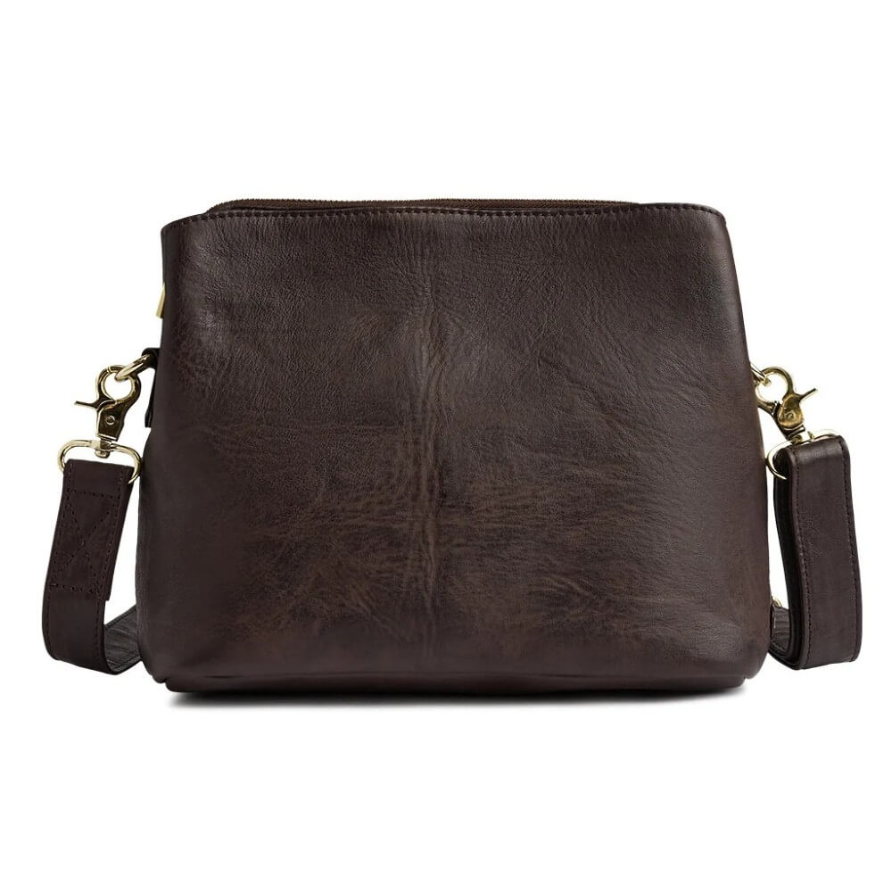 A Depeche dark brown leather crossbody bag with gold-tone hardware, shown against a plain white background.
