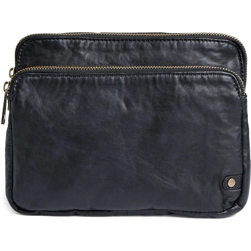 Depeche Black leather crossbody bag with gold-tone zippers and a small gold button detail on the bottom right corner, shown against a plain white background.