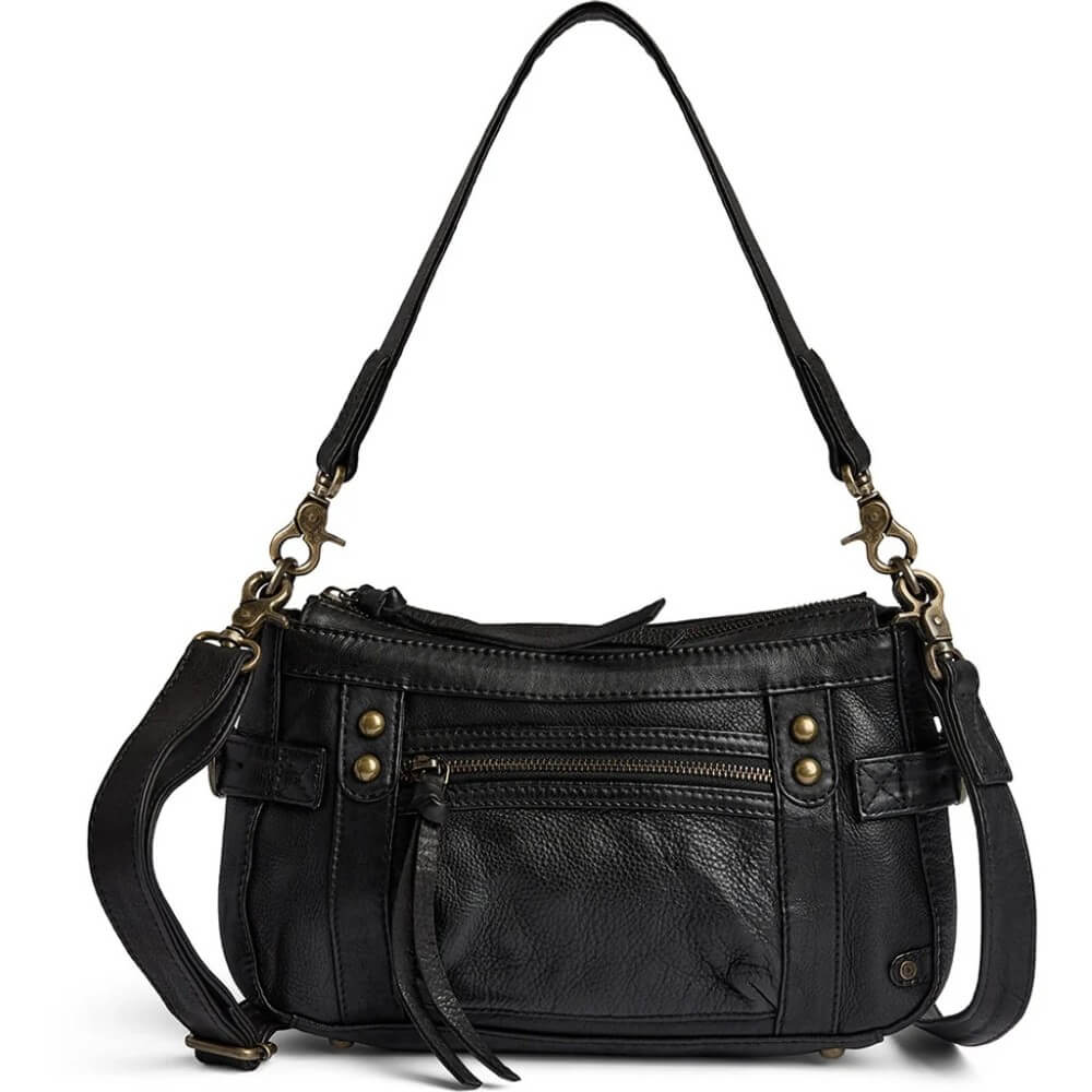 A black Depeche leather shoulder bag with a front zippered pocket, brass-tone hardware, and a detachable shoulder strap, shown on a plain white background.
