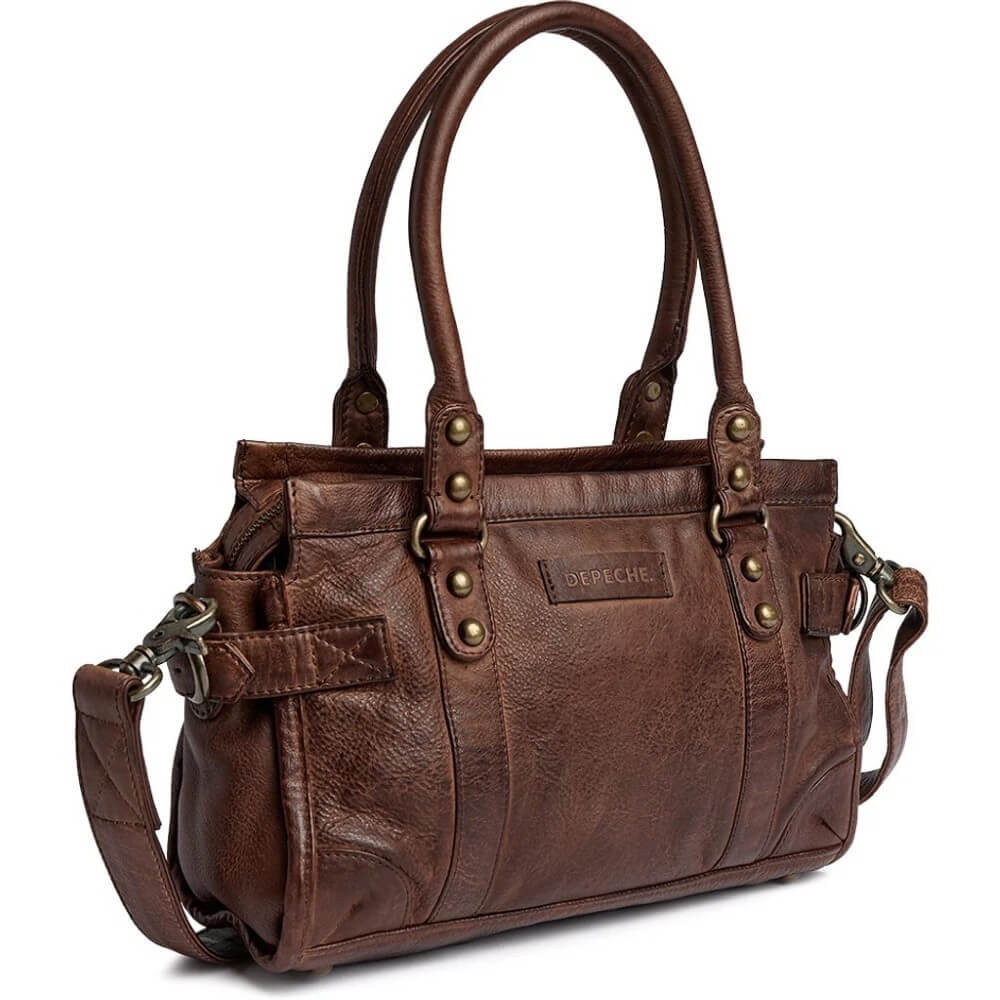 A Depeche brown textured leather handbag with double top handles, a detachable shoulder strap, and brass-tone hardware, shown on a plain white background.