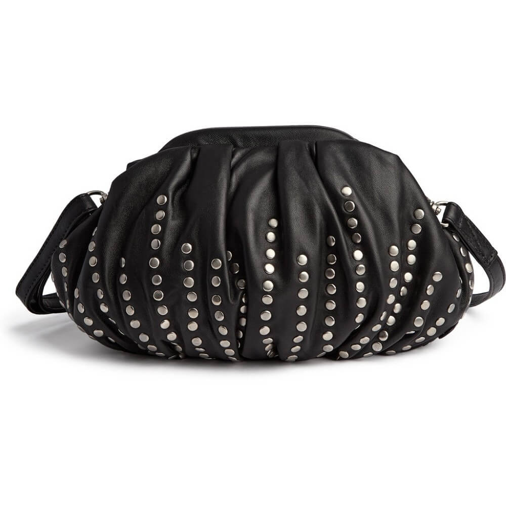 Depeche Black pleated leather shoulder bag with vertical rows of silver-tone metal studs, shown on a plain white background.