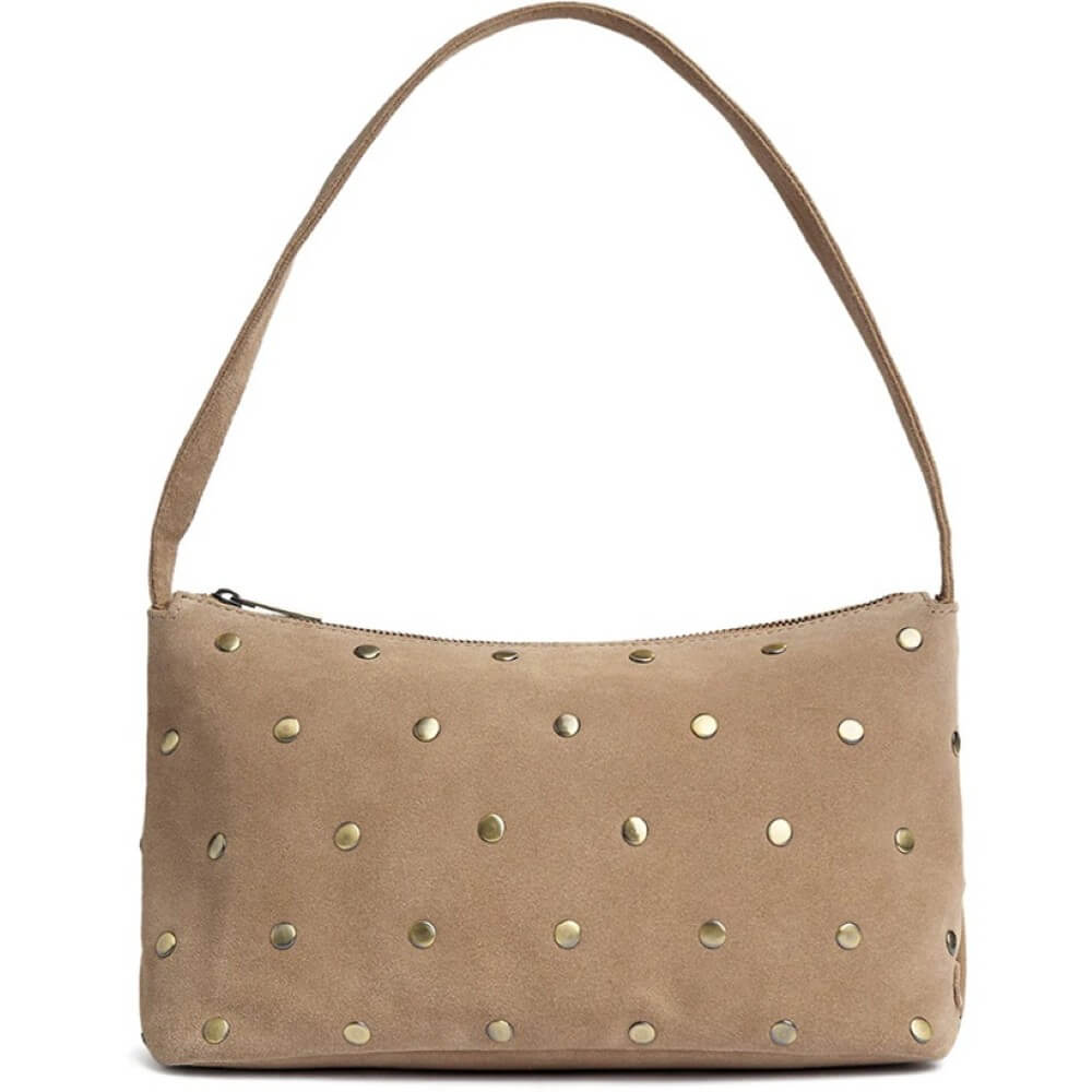 Depeche Beige suede handbag with gold studs on a white background