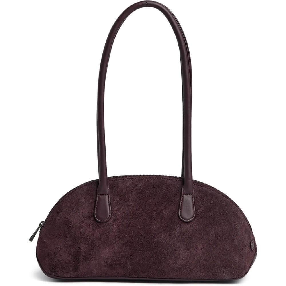 A Depeche dark plum purple suede shoulder bag with double top handles, shown against a plain white background.