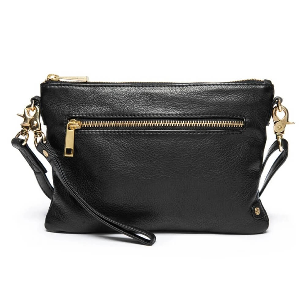 Depeche Black leather handbag with gold zippers on a white background