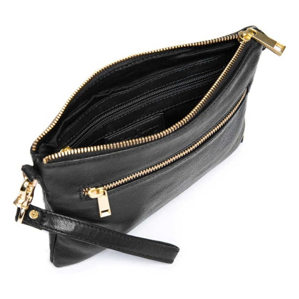 Depeche Black leather clutch with gold zipper and handle on a white background