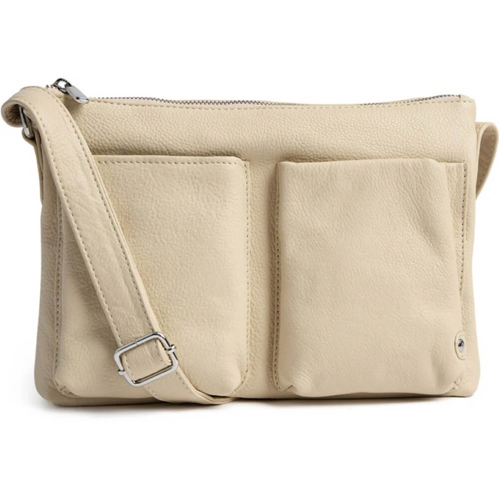 Depeche Beige leather Crossbody handbag with a strap on a white background