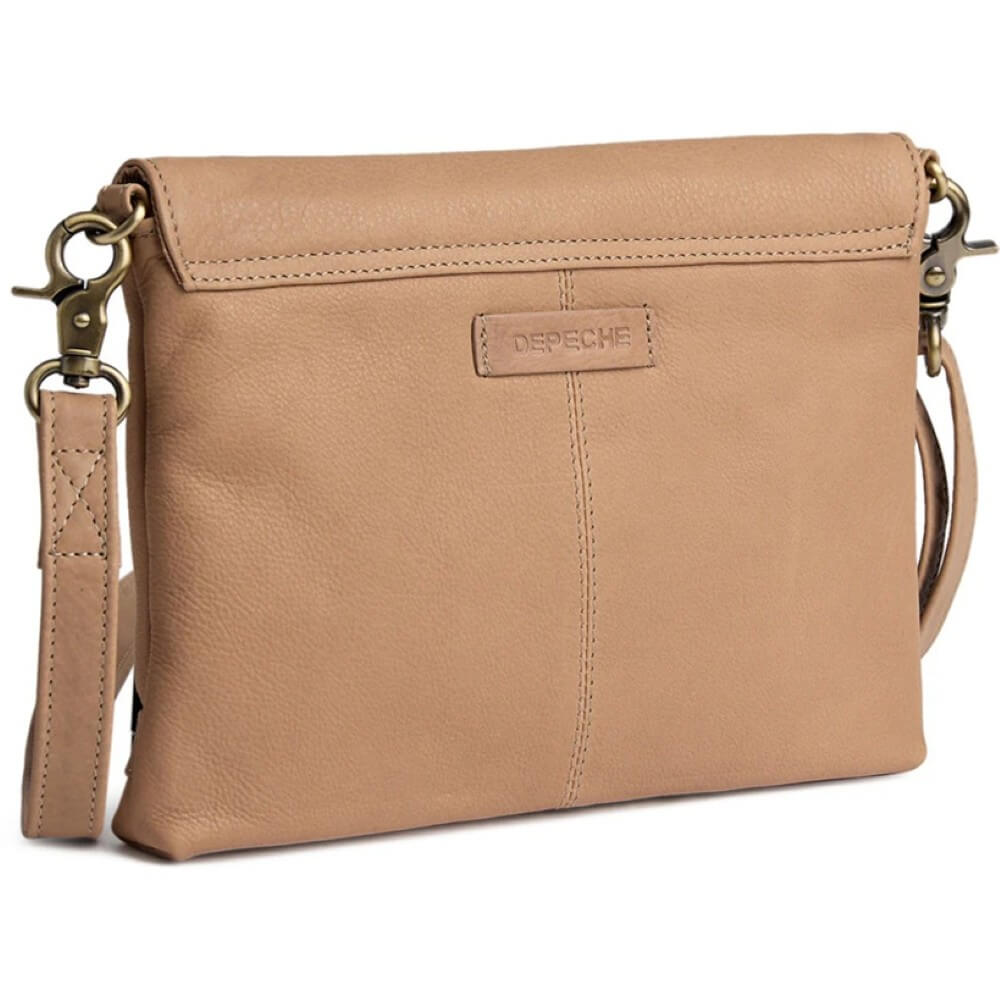 Depeche Beige leather cross body with a strap on a white background