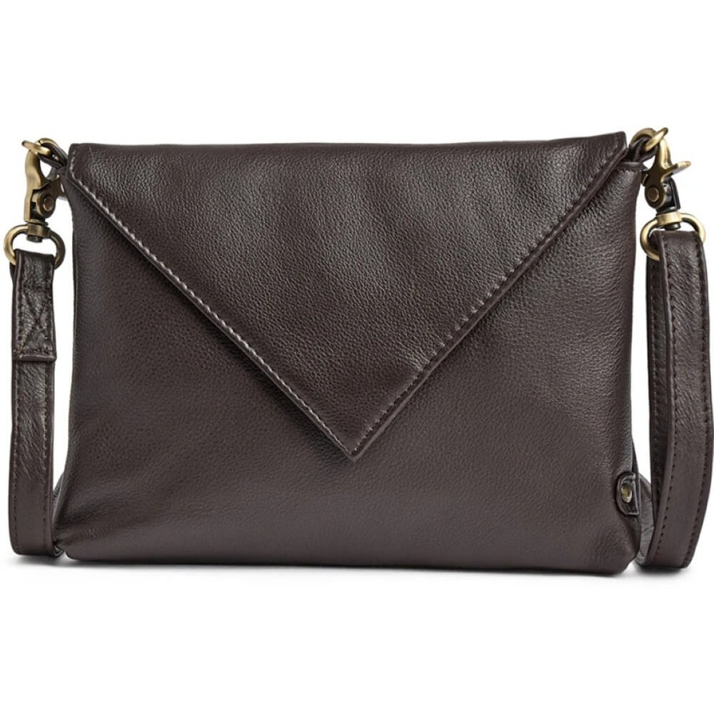 Depeche Brown leather crossbody bag with gold hardware on a white background