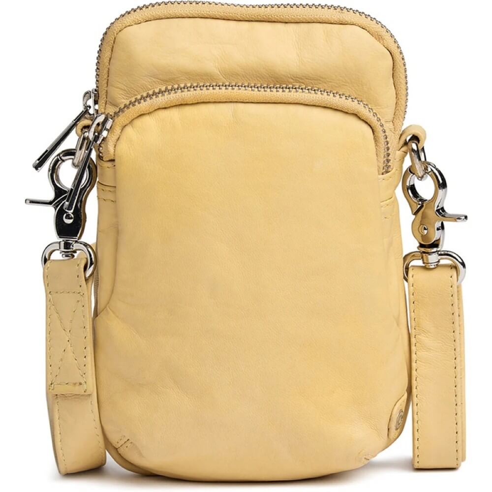 Depeche Yellow Leather crossbody bag with multiple zippers on a white background