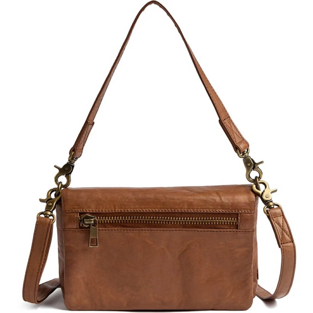 Depeche Brown leather handbag with gold zipper on a white background