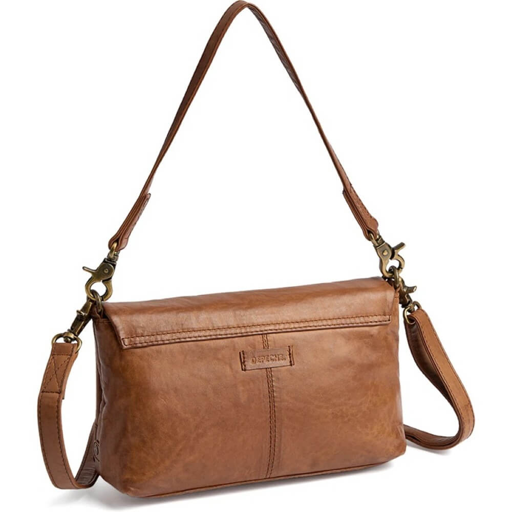 Depeche Brown leather handbag with gold zipper on a white background