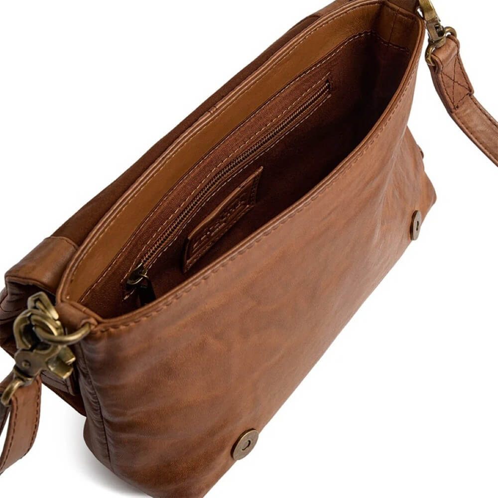 Depeche Brown leather handbag with gold zipper on a white background