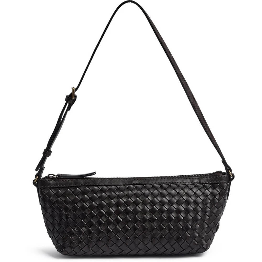 A Depeche dark brown woven leather shoulder bag with a long adjustable strap and gold-tone hardware, shown against a plain white background.