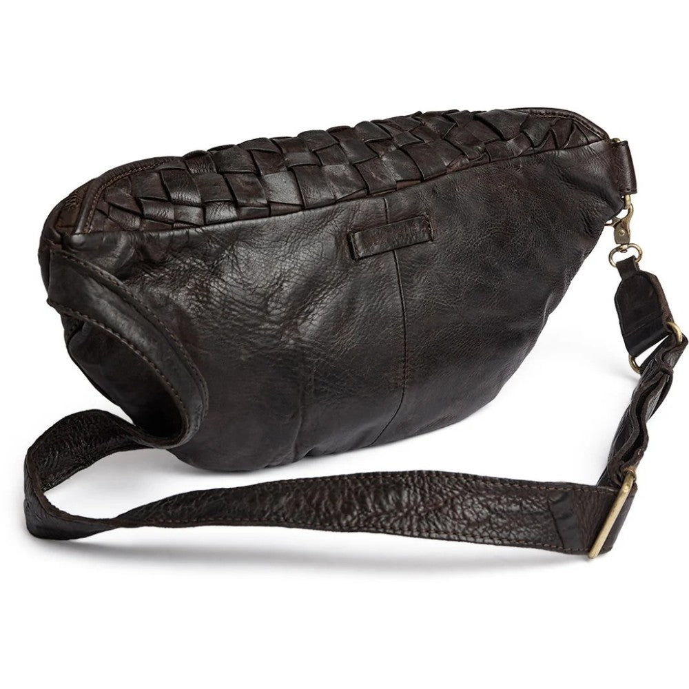 A Depeche dark brown textured leather fanny pack with a woven top detail and a matching leather shoulder strap, shown on a plain white background.