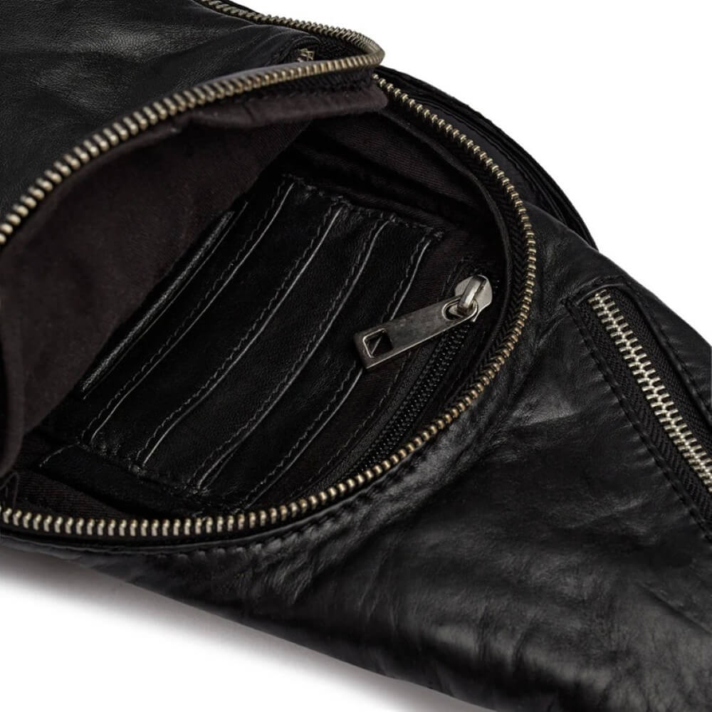 inside of Black Leather Shoulder Bag With silver zips Depeche