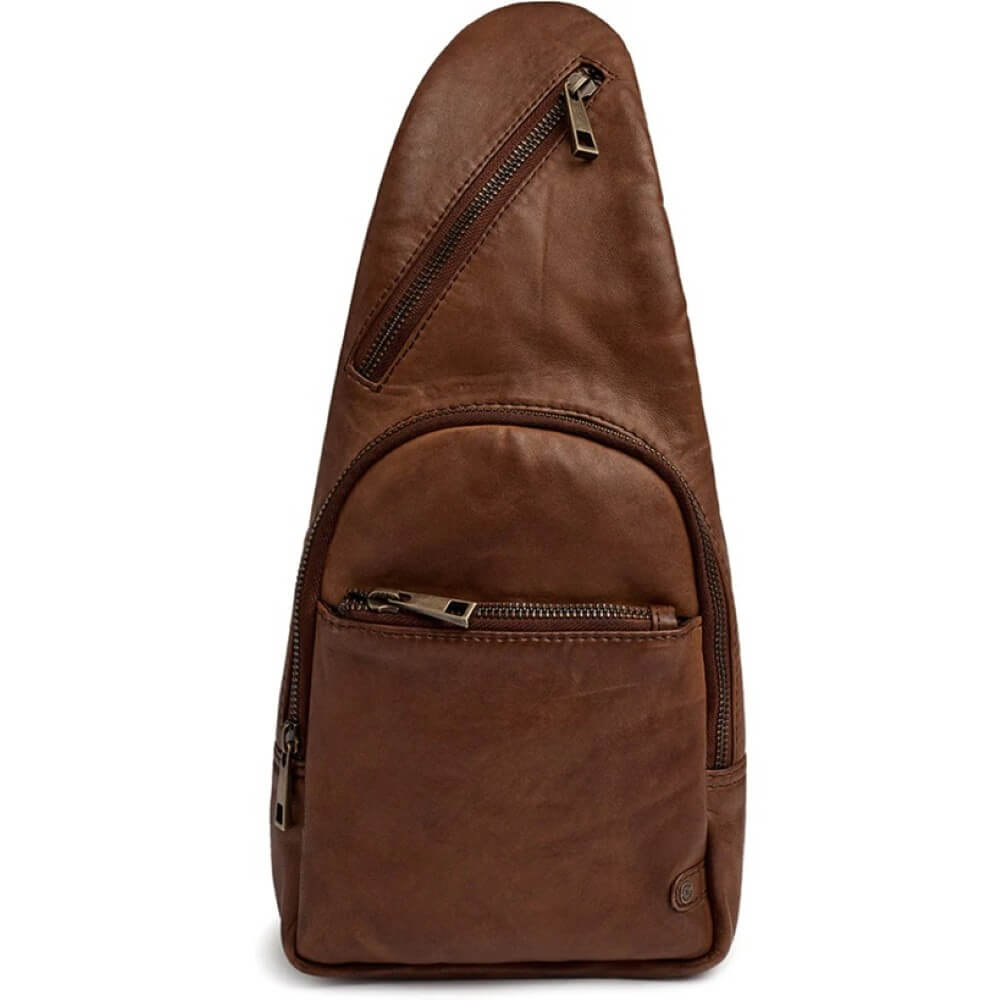 Chesterfield Brown Leather Shoulder Bag With silver zips Depeche
