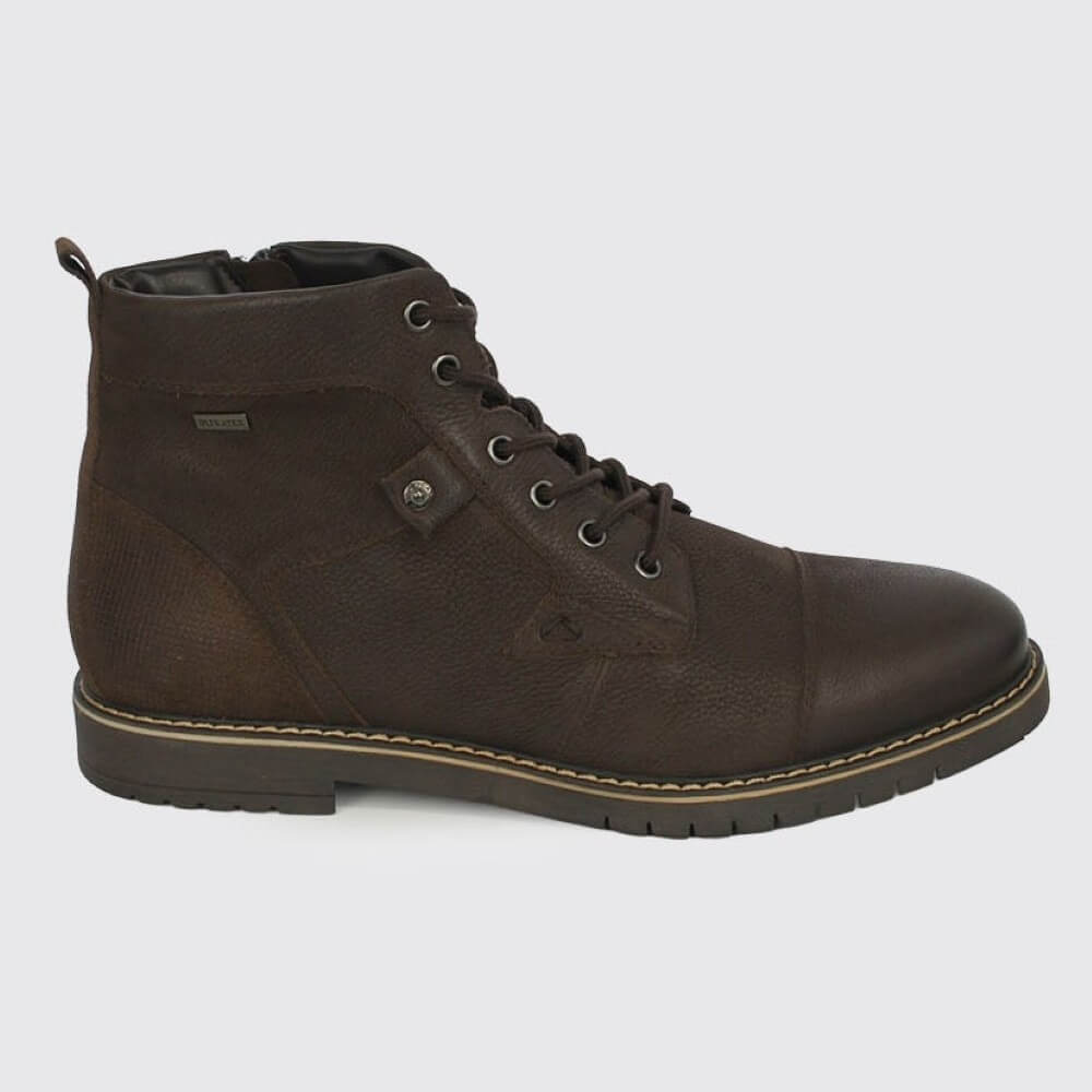 A Dubarry dark brown leather lace-up ankle boot with a rugged sole, shown from a side profile on a light grey background.