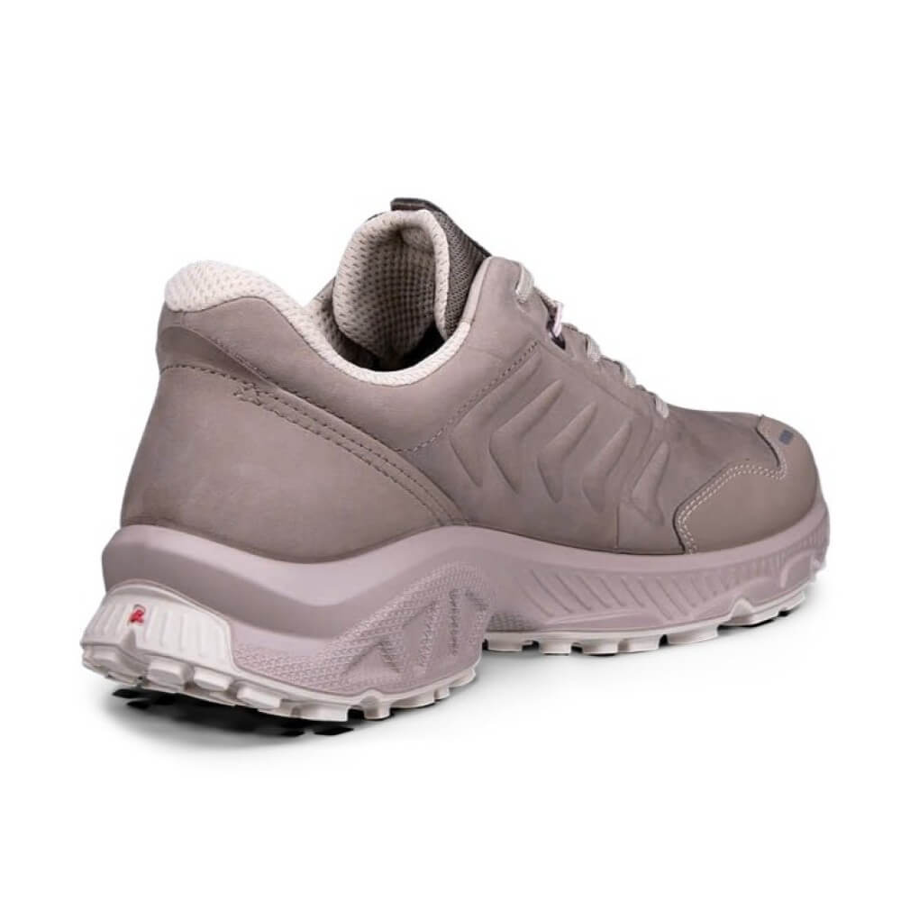 A single trail running shoe in a muted taupe-gray color, shown from a three-quarters rear angle on a white background.