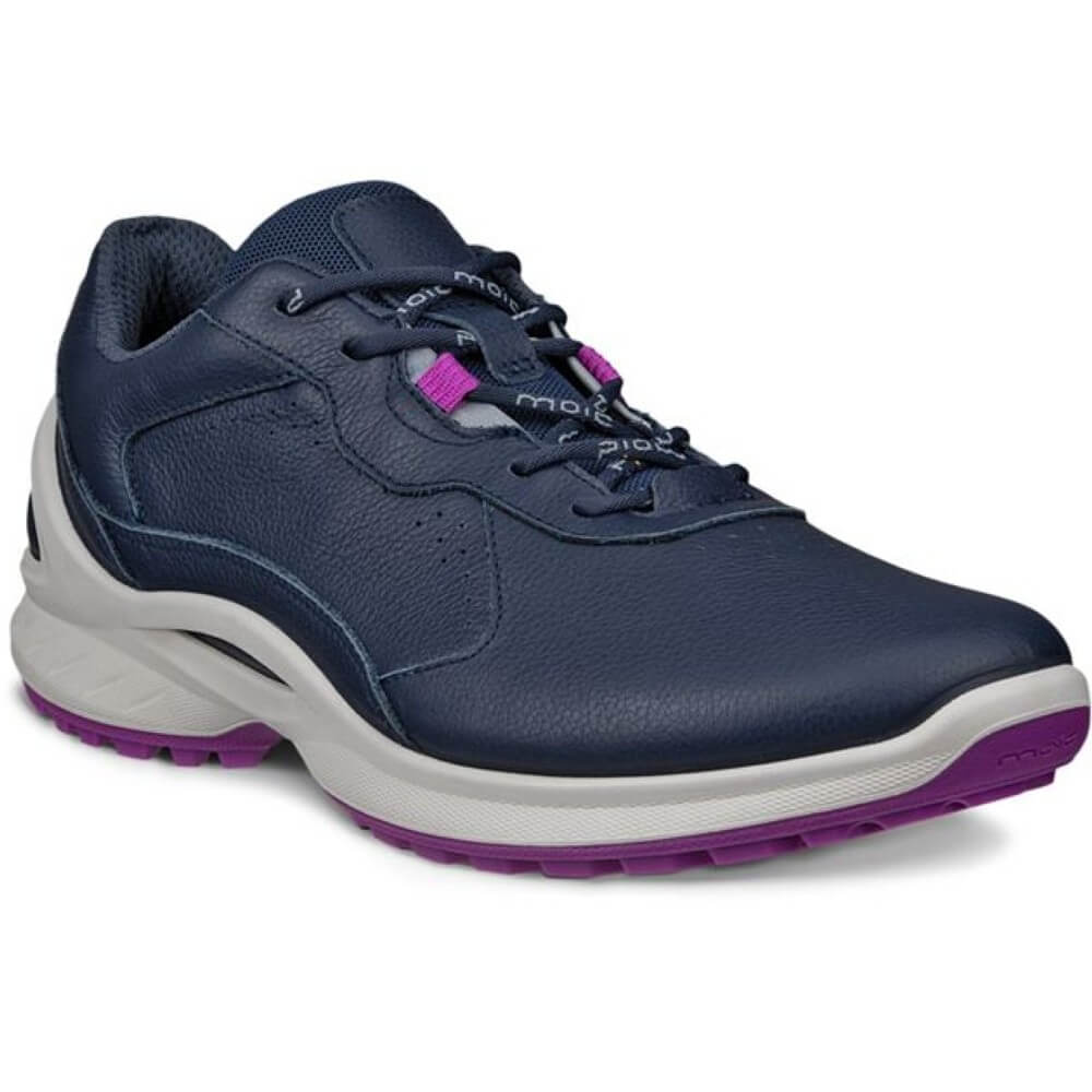 Navy and purple athletic shoe on a white background