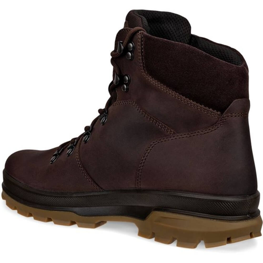 Brown hiking boot with a white background