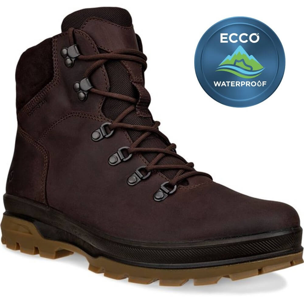 Brown hiking boot with laces on a white background, featuring the ECCO brand logo.