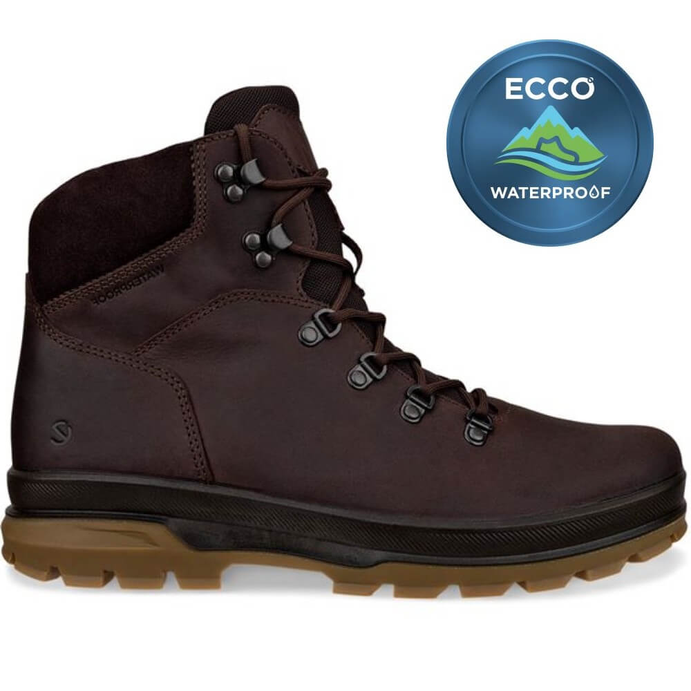 Brown hiking boot with ECCO waterproof logo on a white background