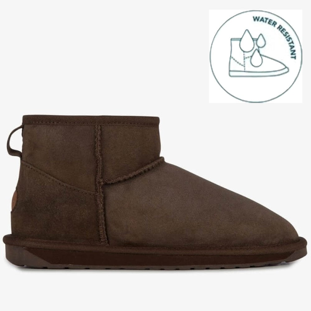 Brown suede boot with water resistant icon on a white background EMU Stinger Micro Chocolate