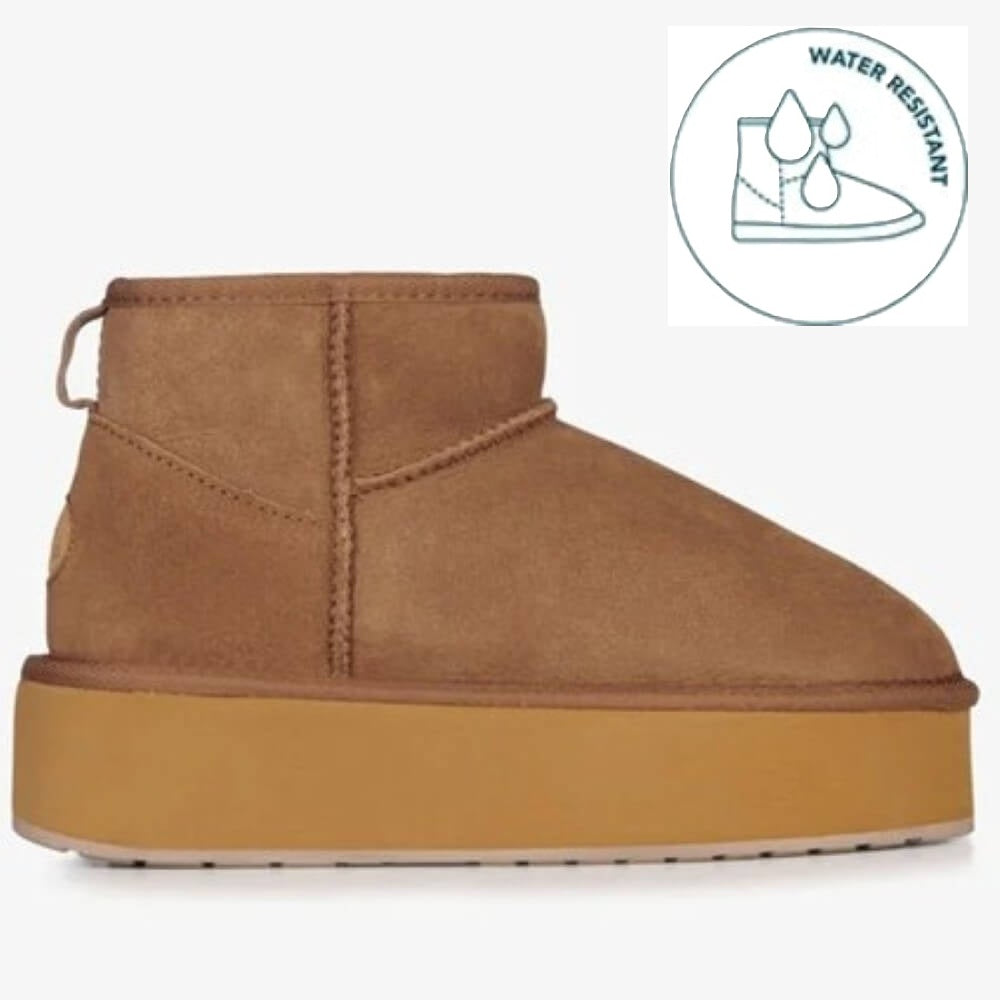 EMU Brown suede boot with water-resistant icon on a white background EMU Stinger Micro Flatform Chestnut