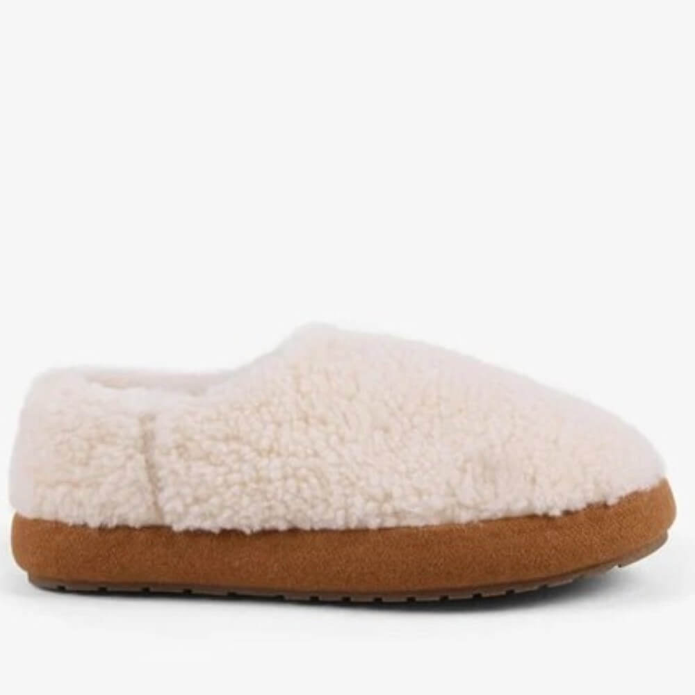 White slipper with brown sole on a white background EMU Aston Sheepskin Slippers Natural