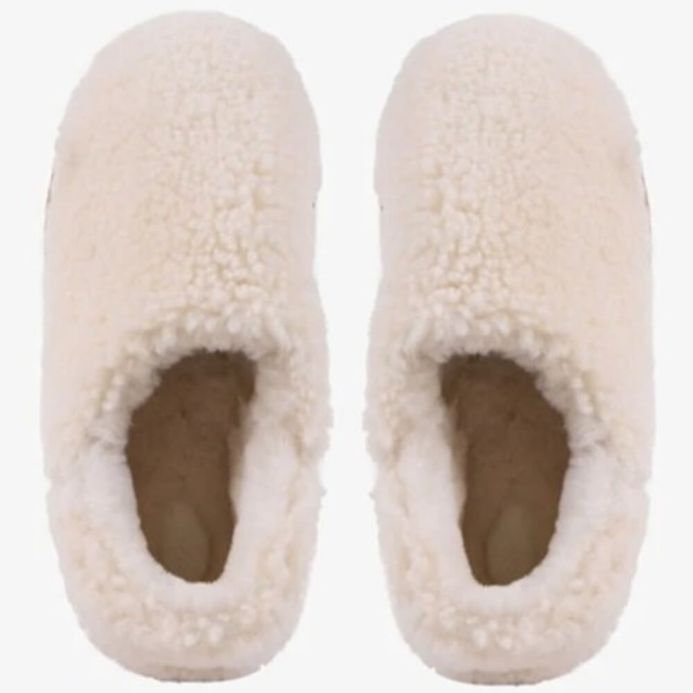 Pair of cream-colored slippers with fuzzy sheepskin texture on a white background  EMU Aston Sheepskin Slippers Natural